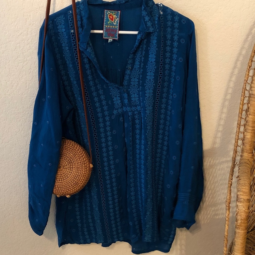 Johnny Was Teal Blue Embroidered V-Neck Tunic